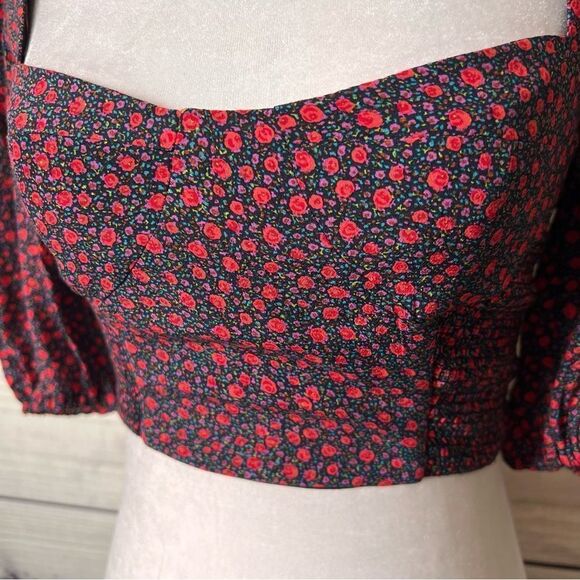 Zara Red & Black Floral Puff Sleeve Sweetheart Crop Top - Picture 5 of 10